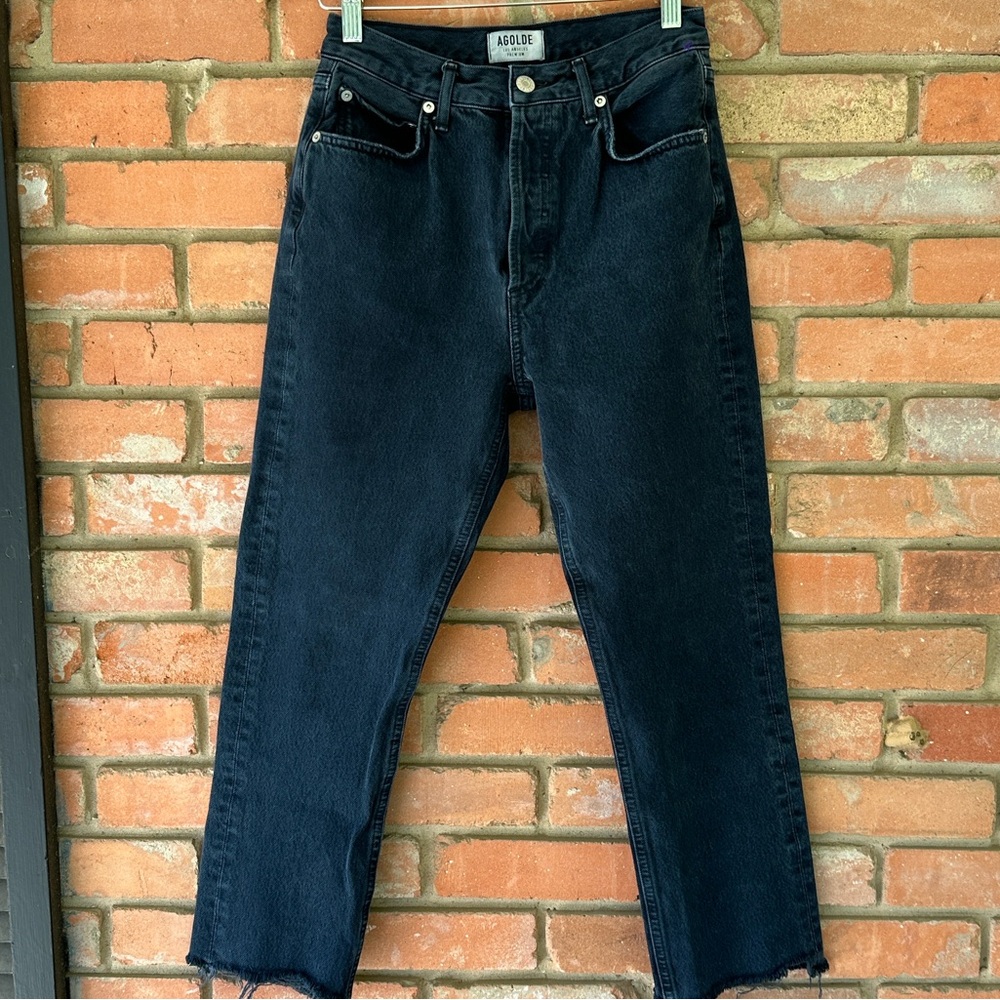 Agolde Riley Cropped Raw Hem High Rise Dark Wash Denim Jeans, 26